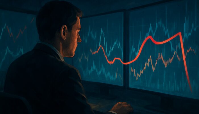 Focused trader observing stock charts in a dimly lit room with a protective trailing red line.