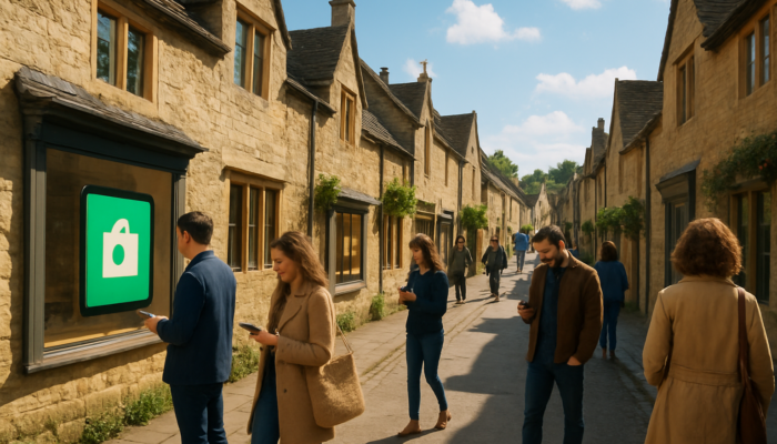Bustling Painswick street with quaint stone cottages displaying Shopify and Etsy screens, locals shopping online under sunny sky.