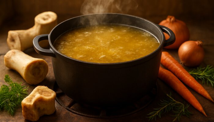 Steaming golden collagen-rich bone broth simmering with fresh bones, carrots, onions, and herbs on rustic stove.