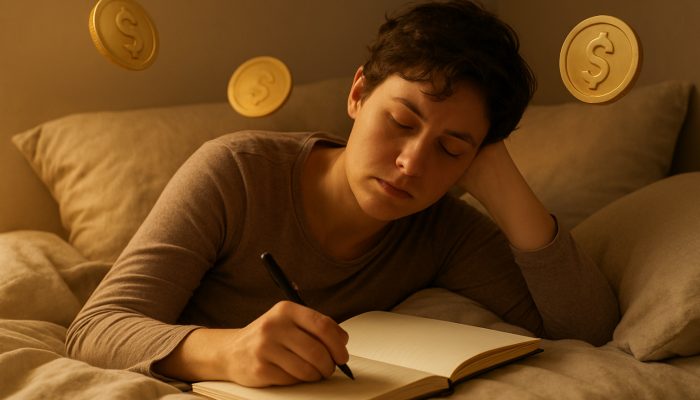 Tired individual resting in bed while drafting a gentle debt repayment plan in a journal with soft golden light
