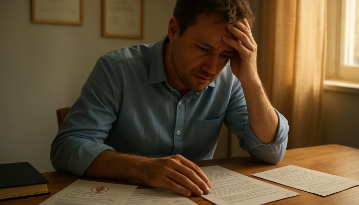 Concerned individual at a sunlit desk surrounded by medical certificates, bills, and a letter requesting creditor relief
