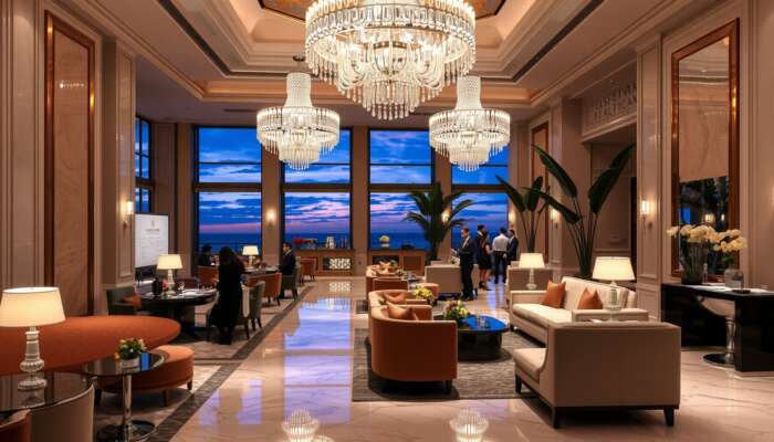 Opulent hotel lobby at dusk featuring crystal chandeliers, plush velvet seating, marble floors, staff serving champagne, and elegantly dressed guests.