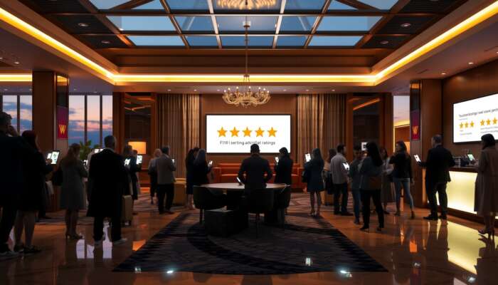 Opulent hotel lobby at dusk, guests examining five-star ratings and positive reviews on smartphones, illustrating the impact of ratings on travel choices.
