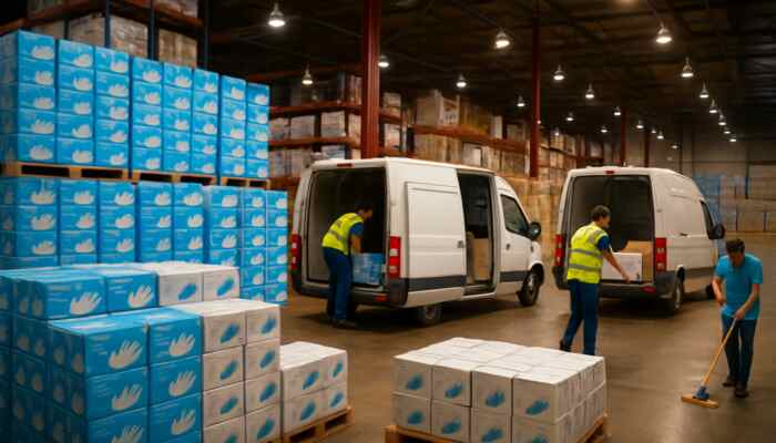 Hucknall warehouse filled with bulk vinyl glove boxes as delivery vans load supplies under bright lights.