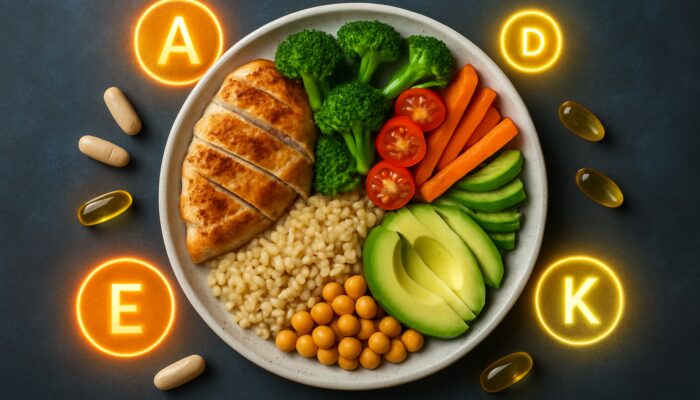 Balanced plate featuring protein, carbohydrate, and fat sections alongside supplement capsules and vitamin icons.
