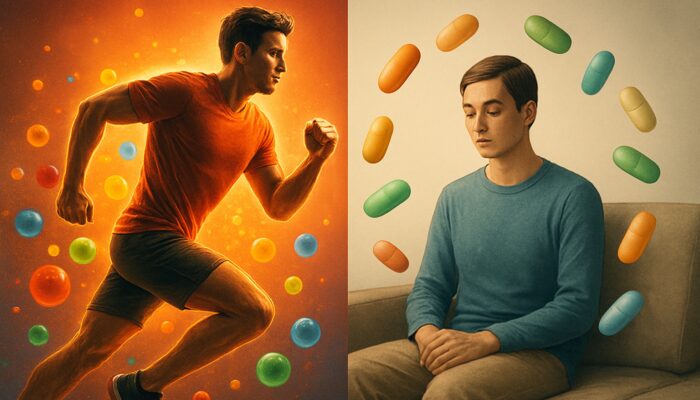 Split illustration showing an energetic athlete with antioxidant multivitamins next to a calm sedentary figure with nutrient capsules.