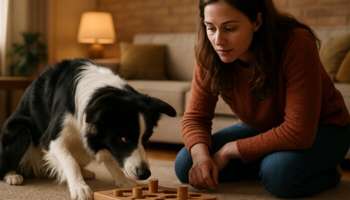 Border collie solving wooden puzzle toy while owner kneels nearby observing in cosy room