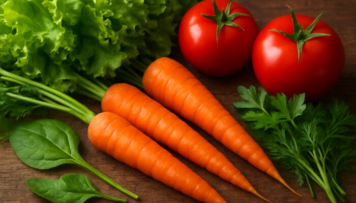 Vibrant close-up of fresh carrots, tomatoes, greens, and herbs on rustic wood for soup.