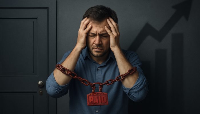 Stressed borrower restrained by missed payments before locked mortgage and loan doors with rising insurance costs