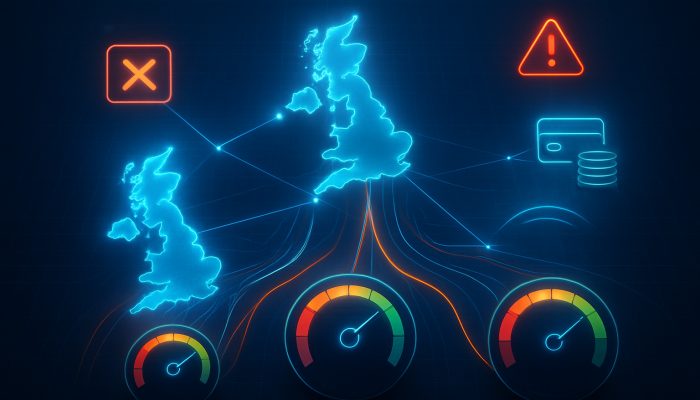 Futuristic digital network connecting UK credit agencies Experian, Equifax, TransUnion with score meters and payment alerts