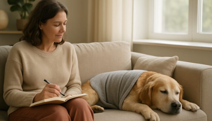 Relaxed dog wearing calming wrap on couch while owner observes reactions in journal