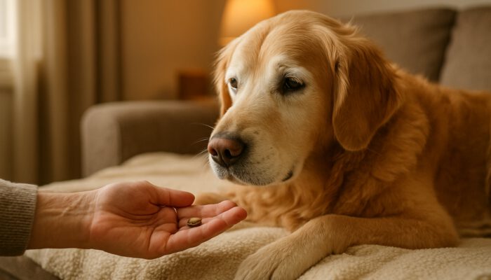 Elderly golden retriever receiving a treat from owner on a warm blanket in a cozy home setting.