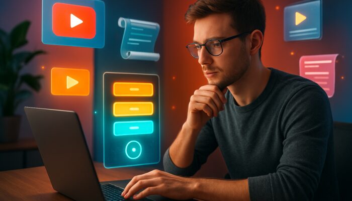 Young creator reviews appealing pricing tiers and YouTube thumbnails on a laptop in a vibrant studio