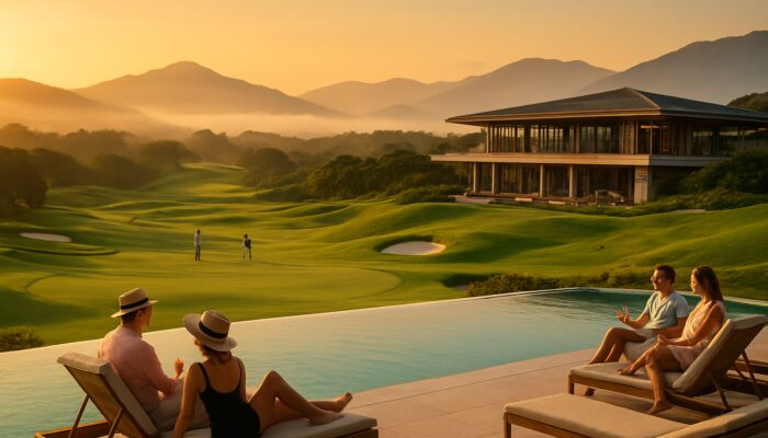 Mount Edgecombe Country Club at sunset with emerald golf fairways, modern clubhouse, and guests enjoying the poolside.