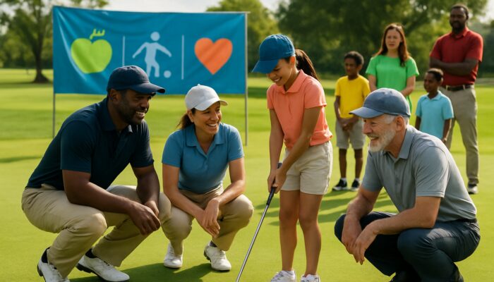 Diverse golfers mentoring youth at a sunny charity golf clinic with school banners and volunteers.