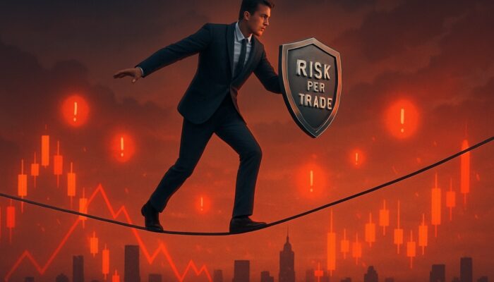 Trader balancing on tightrope above candlestick charts while holding Risk Per Trade shield