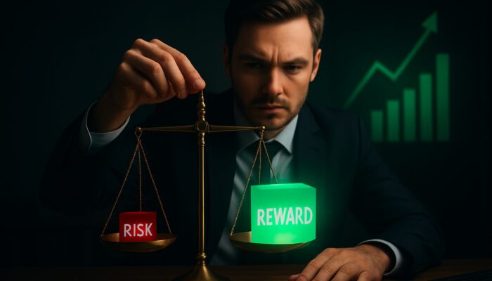 Trader weighing red risk cube versus green reward on golden scale with 1:2 charts