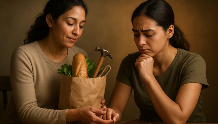 Person offering groceries and advice to friend, closed wallet nearby, symbolising financial boundaries