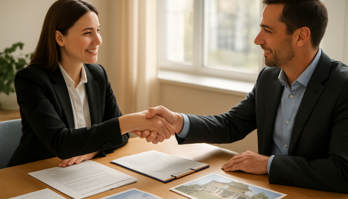 A real estate buyer and seller shaking hands over contracts at a sunlit office table.