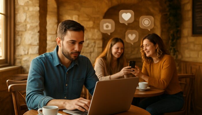 Café owner in Cirencester evaluating Instagram posts on a laptop surrounded by cheerful patrons in golden light
