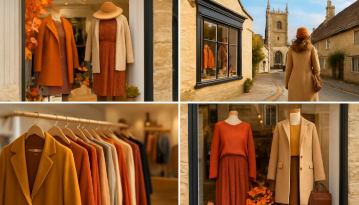 Cirencester boutique exhibiting seasonal fashion displays alongside Cotswold landmarks and Instagram overlays