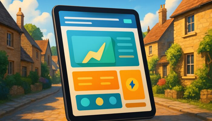 Tablet displaying intuitive website with fast load icons against Stonehouse town backdrop for seamless UX.