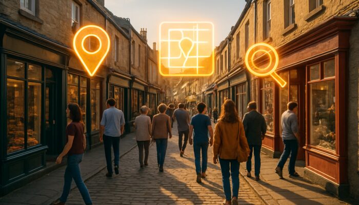 Bustling Stonehouse high street with locals at shops under glowing search icons and maps.