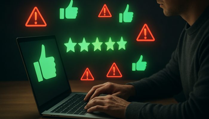 Setting up Automatic Extra Payments: Your Complete Guide | DCL Individual at laptop reviewing positive Trustpilot feedback with green thumbs-ups and red warning icons for banking reliability.