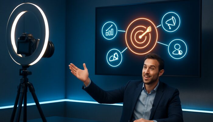 Marketer scripting product demo video in sleek studio with glowing sales goals icons