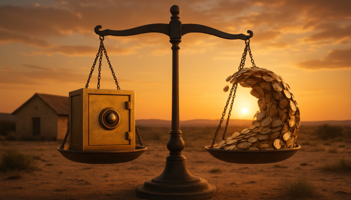 Traditional Beaufort West home: fixed rates represented by a secure foundation, variable rates illustrated with fluctuating coins, beneath a balancing scale at sunset.