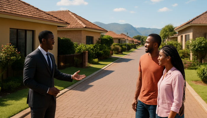 Couple viewing modern homes on bustling Thohoyandou street with real estate agent under sunny sky.