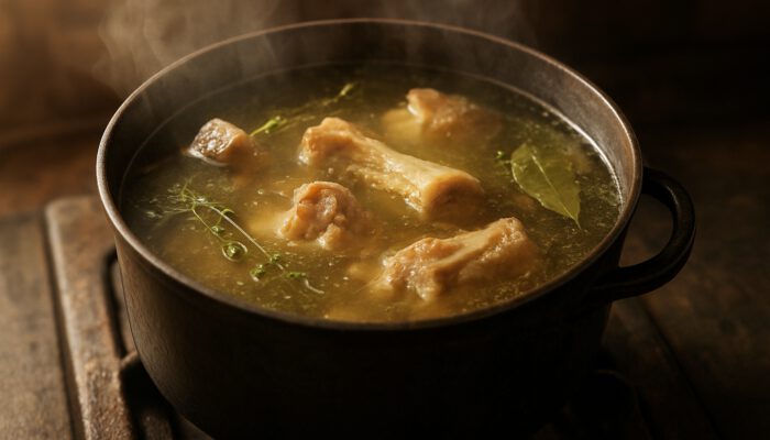 Golden bone broth simmering in rustic pot with visible bones, herbs, and soft steam wisps.