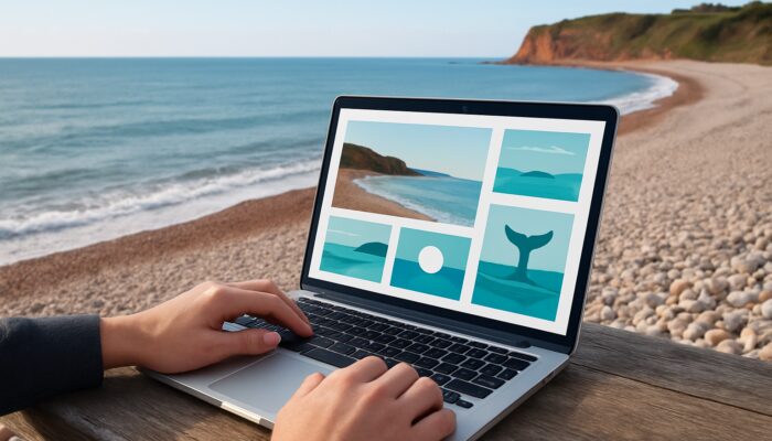 Designer assessing WordPress portfolio on a laptop overlooking Budleigh Salterton pebble beach.