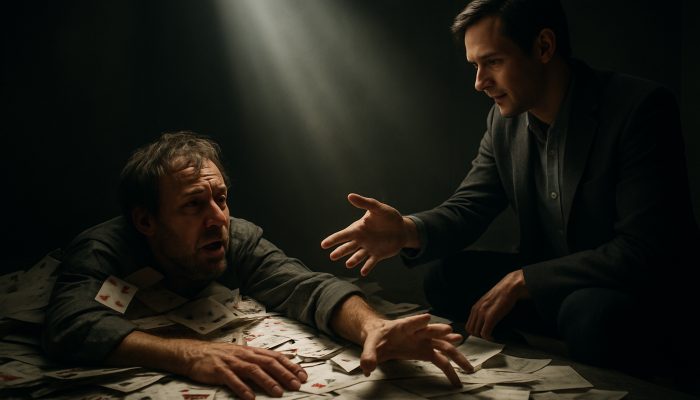 Specialist Help for Gambling Related Borrowing | DCL Desperate gambler buried in cards and loans reaching for a counsellor’s helping hand in a shadowy room