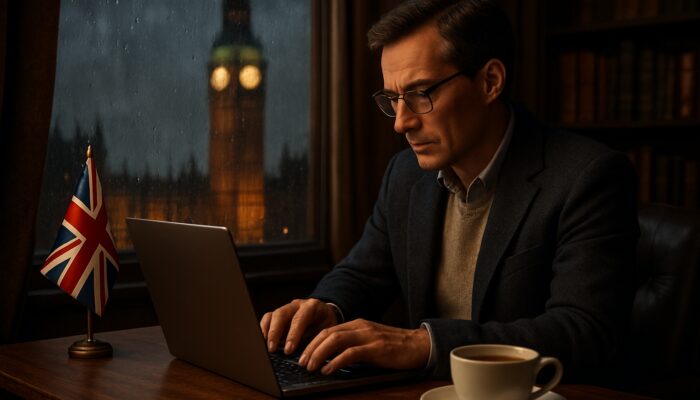 British editor refining AI content on laptop in cosy London study with Big Ben view