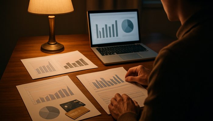 Balancing Deposit Savings and Debt Repayment: Practical Strategies | DCL Individual analysing income charts, bills, and loans at a comfortable UK home desk with laptop graphs.