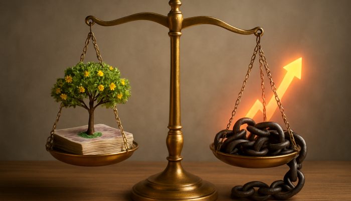 Balancing Deposit Savings and Debt Repayment: Practical Strategies | DCL Golden balance scale weighing savings trees against debt chains with UK banknotes and interest arrows.